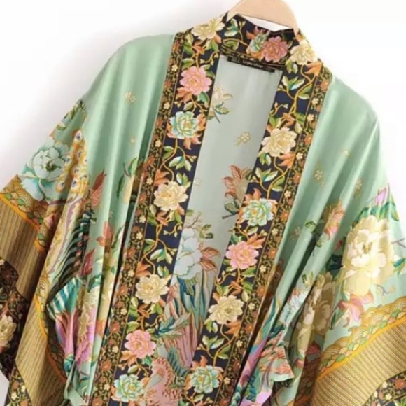 (last 1) Boho Kimono Robe, Peacock in Gold Green, bohemian - Picture 11 of 14